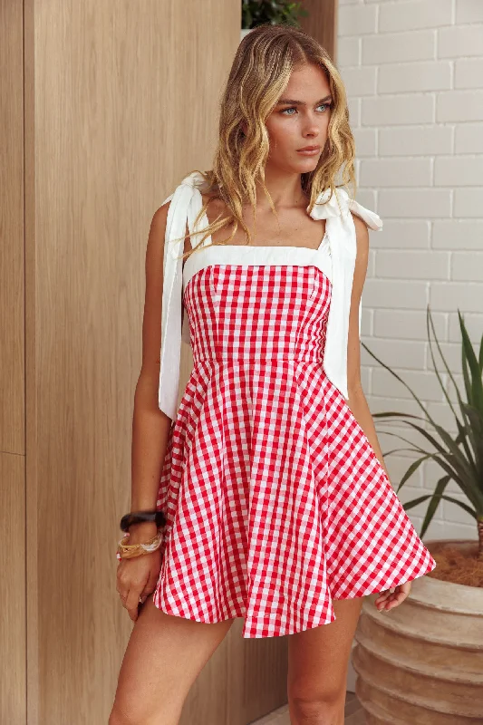 Jeanie Tied Shoulder Mini Dress Gingham Red