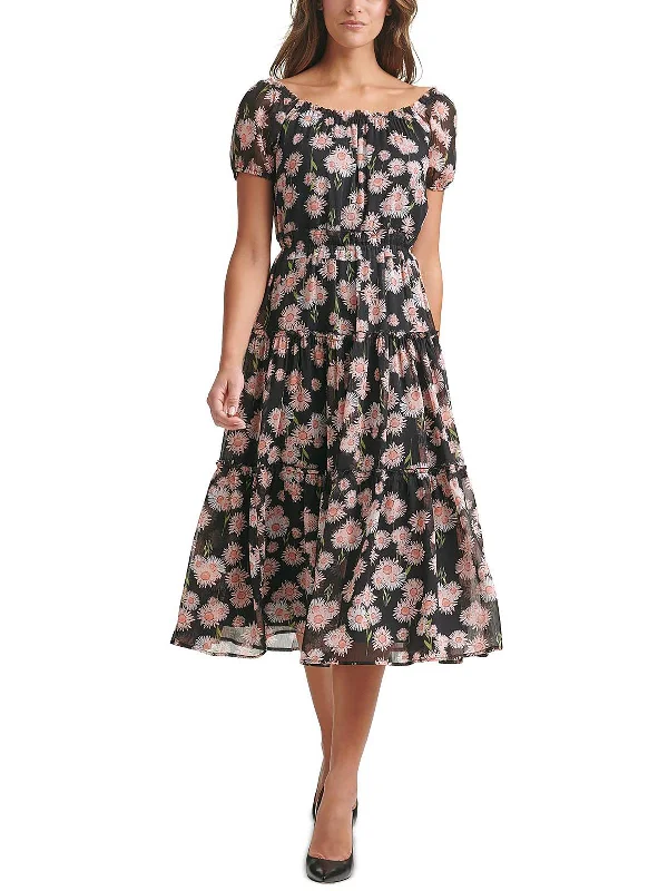 Womens Sheer Floral Tea-Length Fit & Flare Dress