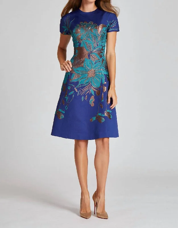 Border Pattern Fit And Flare Jacquard Dress in Sapphire Multi