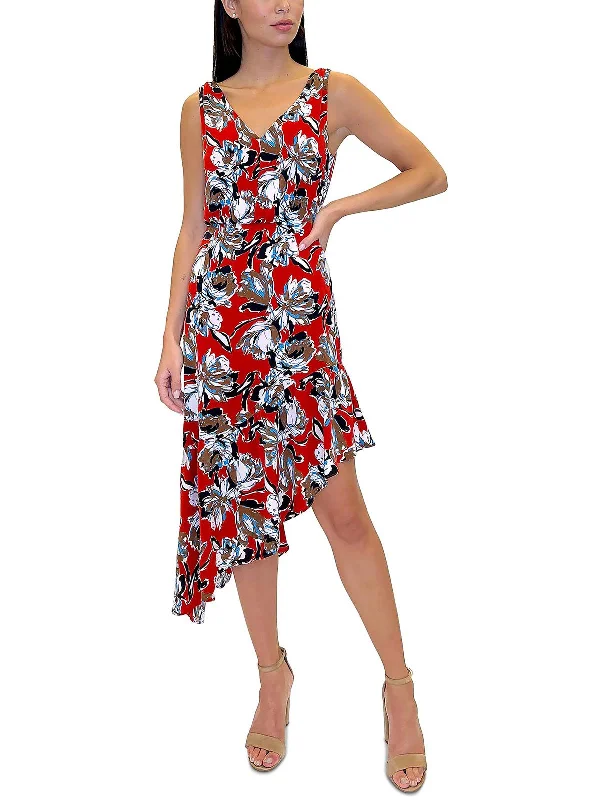 Womens Floral Print Asymmetrical Midi Dress