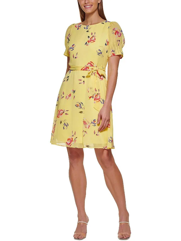 Womens Chiffon Floral Fit & Flare Dress