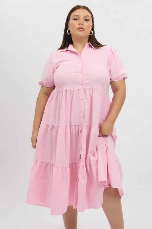 Pink Midi Dress Short Sleeve Shirt