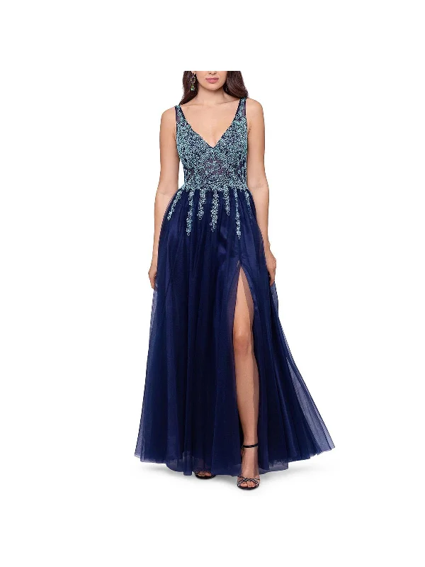 Juniors Womens Embellished Illusion Evening Dress