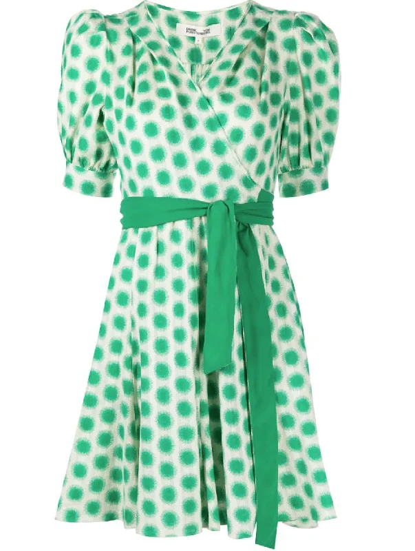 Elodie Puff Sleeve Wrap Dress Small Sun Green/White in Small Sun Green/White