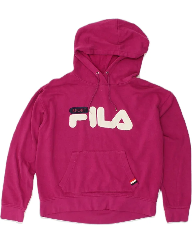 FILA Womens Graphic Hoodie Jumper UK 12 Medium Pink Cotton