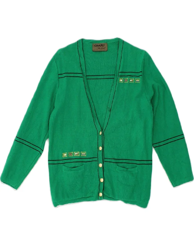 VINTAGE Womens Cardigan Sweater UK 12 Medium Green Pinstripe Cotton