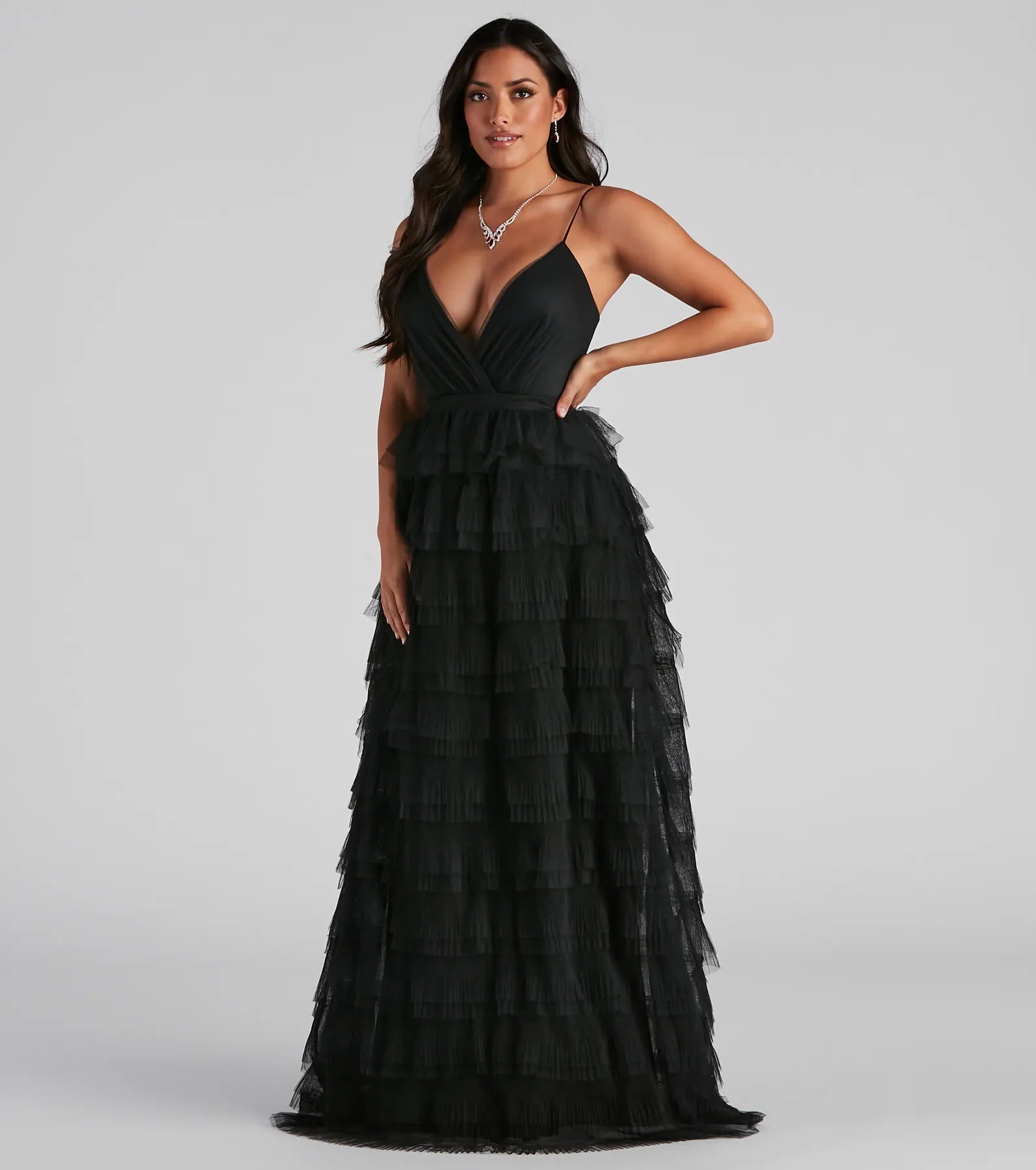 Lucilla V-Neck Tiered Mesh Dress