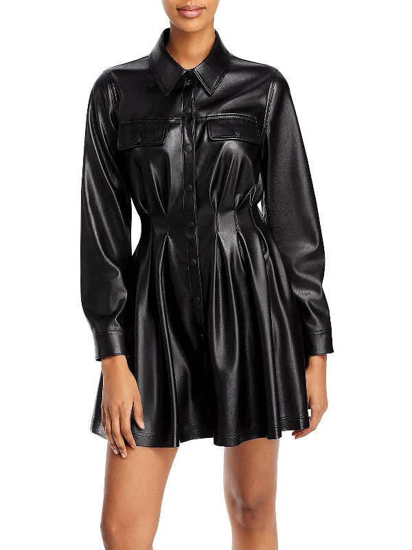 Womens Faux Leather Pleated Fit & Flare Dress