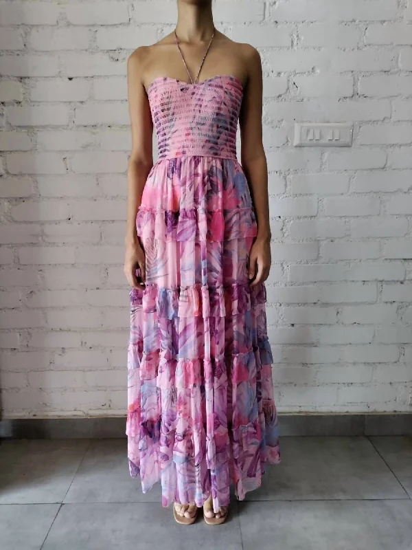 Ruffled Tier Long Dress in Pink And Purple Tropical