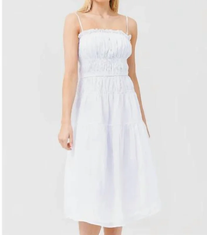 Smocked Midi Dress in White