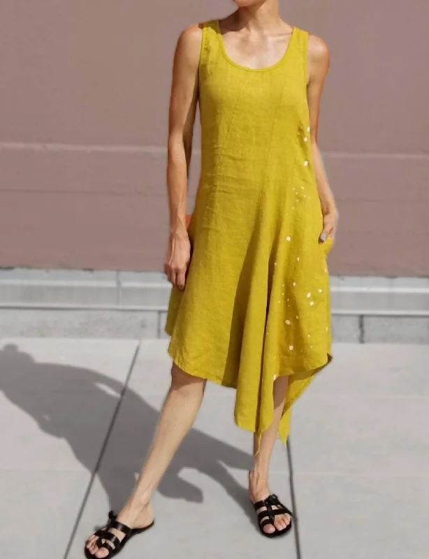 Inizio Linen Sleeveless Dress With Dots In Mustard