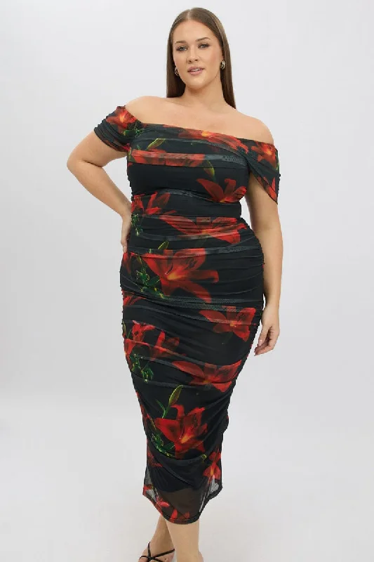 Red Floral Midi Dress Off Shoulder Ruched Mesh