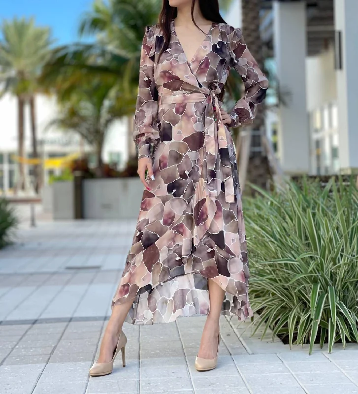 Ecru Desert Watercolor Blunt Ruffle Wrap Dress