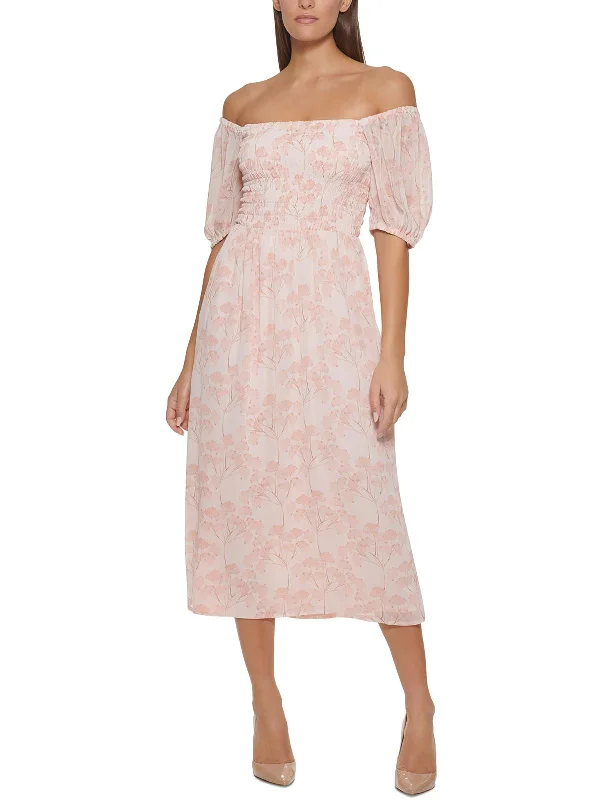 Womens Off-The-Shoulder Chiffon Midi Dress