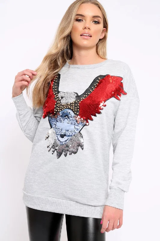 Grey Sequin Embellished Rock Eagle Slogan Sweatshirt - Zaria