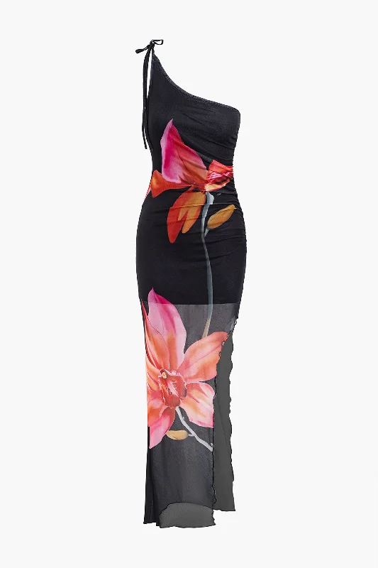 Floral Print Mesh Sheer Tie Up Slip Slit Maxi Dress