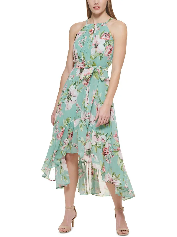 Womens Floral Pleated Midi Dress